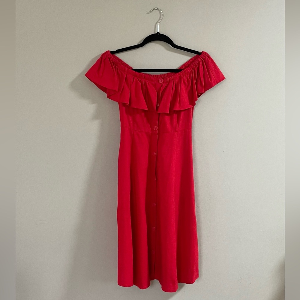 Red Off the Shoulder Linen-look Ruffle Dress with ✨pockets✨